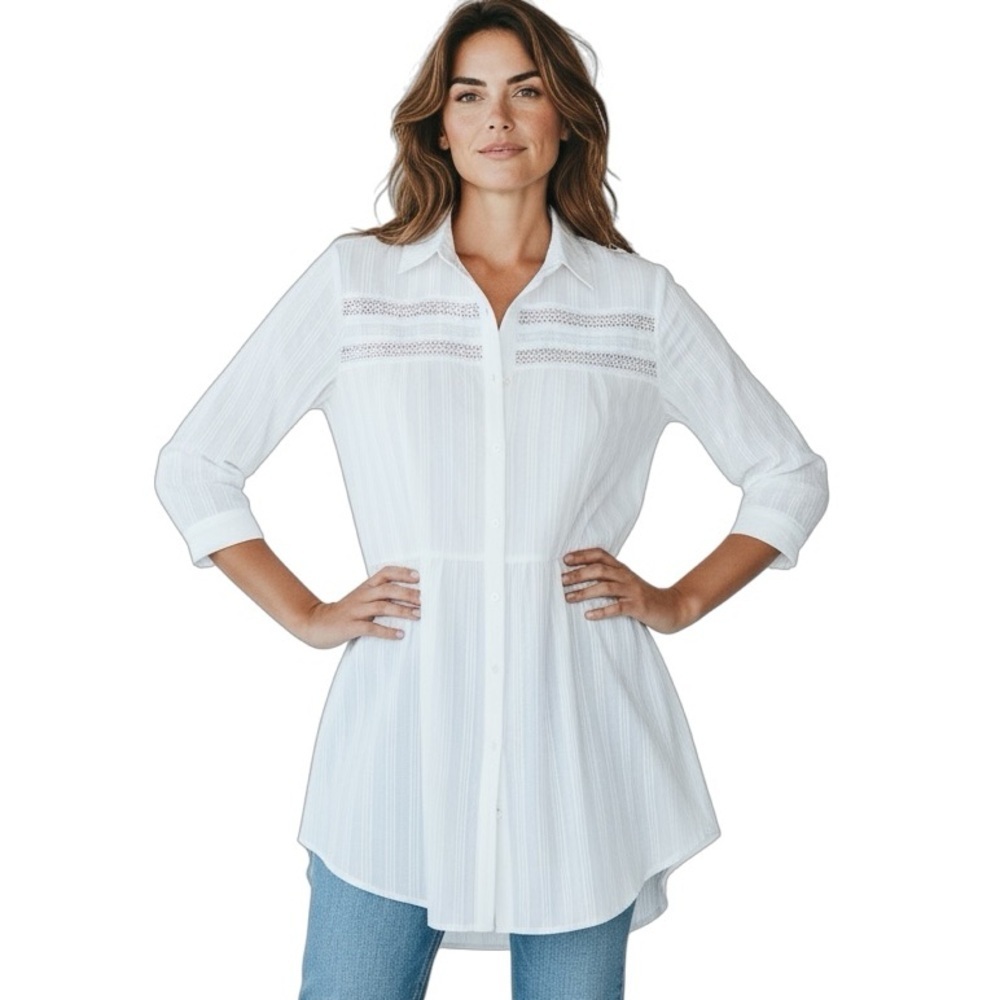 New MOTTO White Textured Button-Down Peasant Blouse 3/4 Sleeve